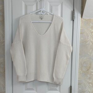 Lucky Brand White V-neck Drop Sleeved Cotton Blend Textured Sweater